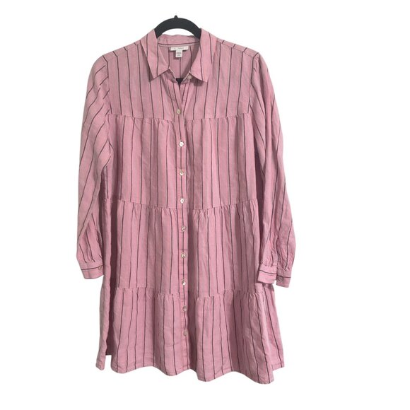 J JILL Linen Dress Tiered Striped Long Sleeves Button Down Lagenlook Pink Small - Picture 2 of 14